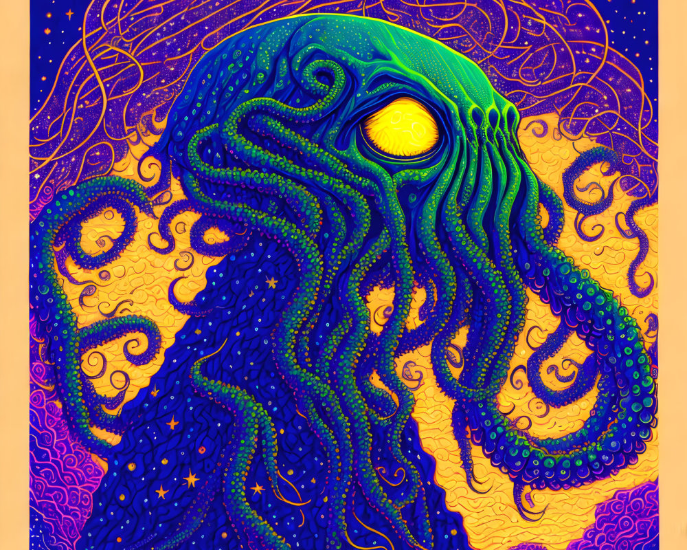 Colorful Psychedelic Octopus Illustration on Starry Purple & Orange Background