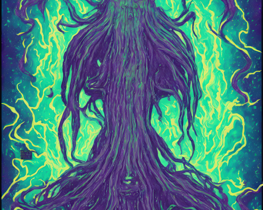 Artwork of entwined human-tree figure in neon green on cosmic blue background