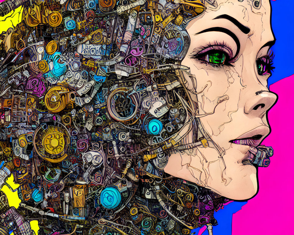 Colorful Abstract Background with Detailed Mechanical Female Figure