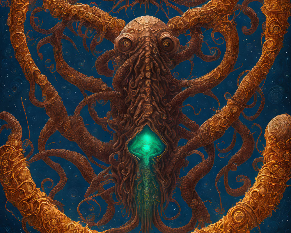 Detailed Octopus Illustration with Ornate Tentacles in Dark Blue Oceanic Setting
