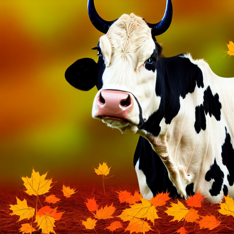 Curious cow with horns in autumn leaves scenery