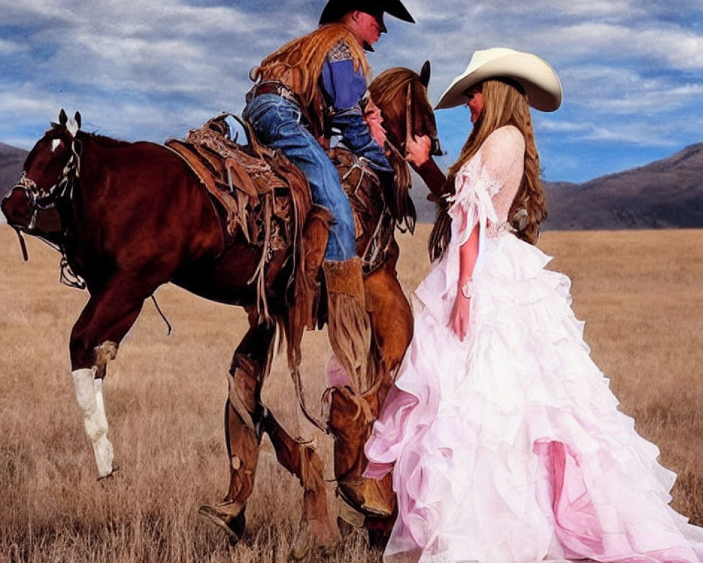 Cowboy on brown horse with woman in pink dress in grassy field.