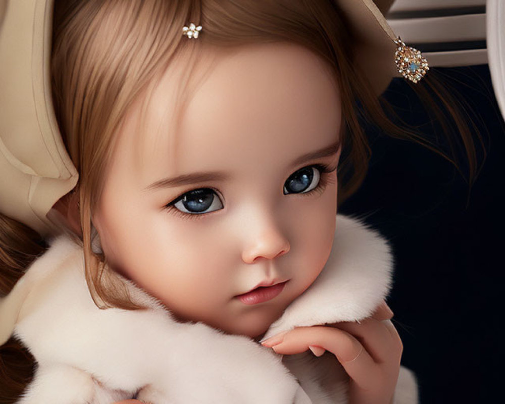 Digital Art: Young Girl in Cream Hat with Blue Eyes and White Fur Collar