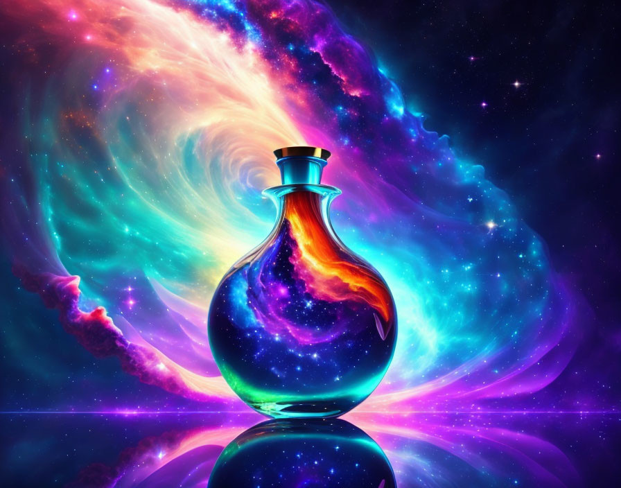Colorful Digital Artwork: Glass Bottle with Fiery Essence on Cosmic Background