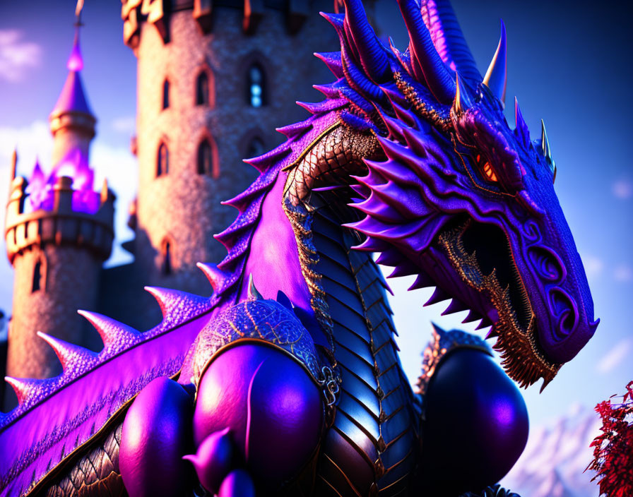 Purple Dragon with Intricate Scales in Front of Castle at Twilight