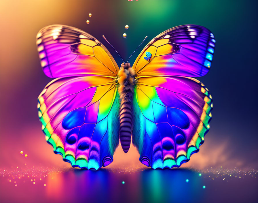 Colorful Butterfly with Spectrum Wings on Sparkling Background