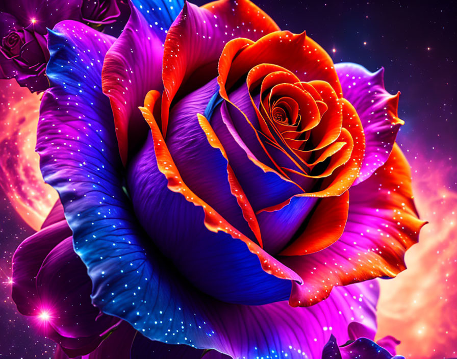 Colorful digitally altered rose on cosmic background with gradient petals in blue, purple, and orange hues.