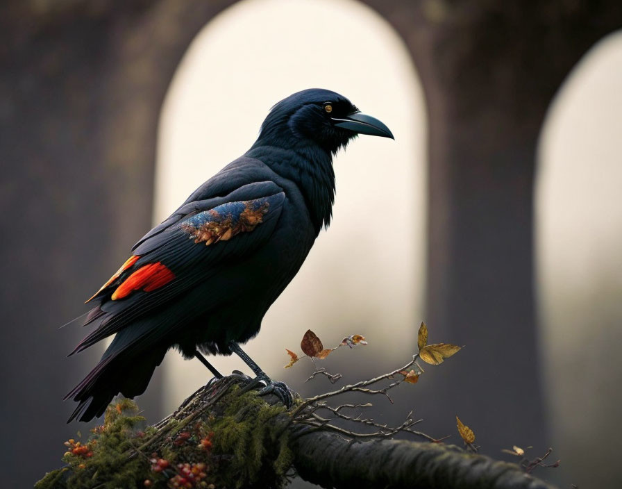 Black Raven with Red Wings Perched on Branch in Stone Structure Setting