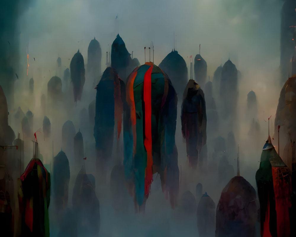 Foggy cityscape with domed buildings and colorful banners