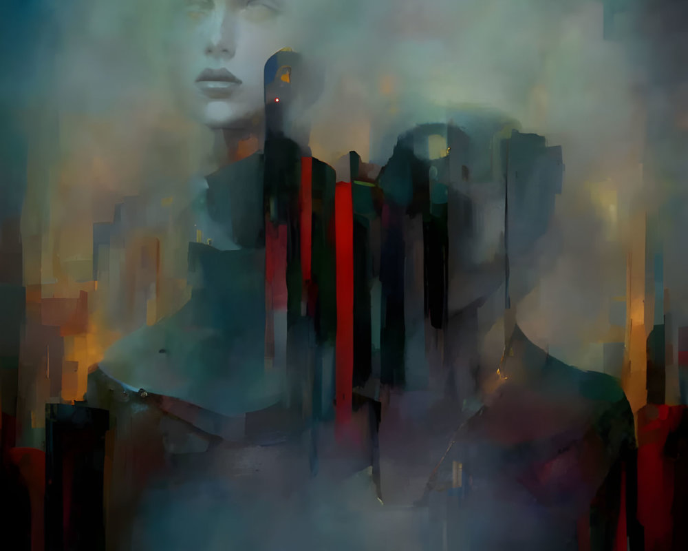 Blurred faces and shapes in abstract art with dark and warm tones