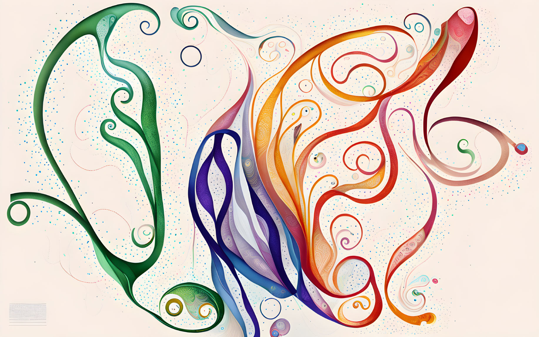 Vibrant abstract art: swirling green, orange, and purple hues with dotted accents