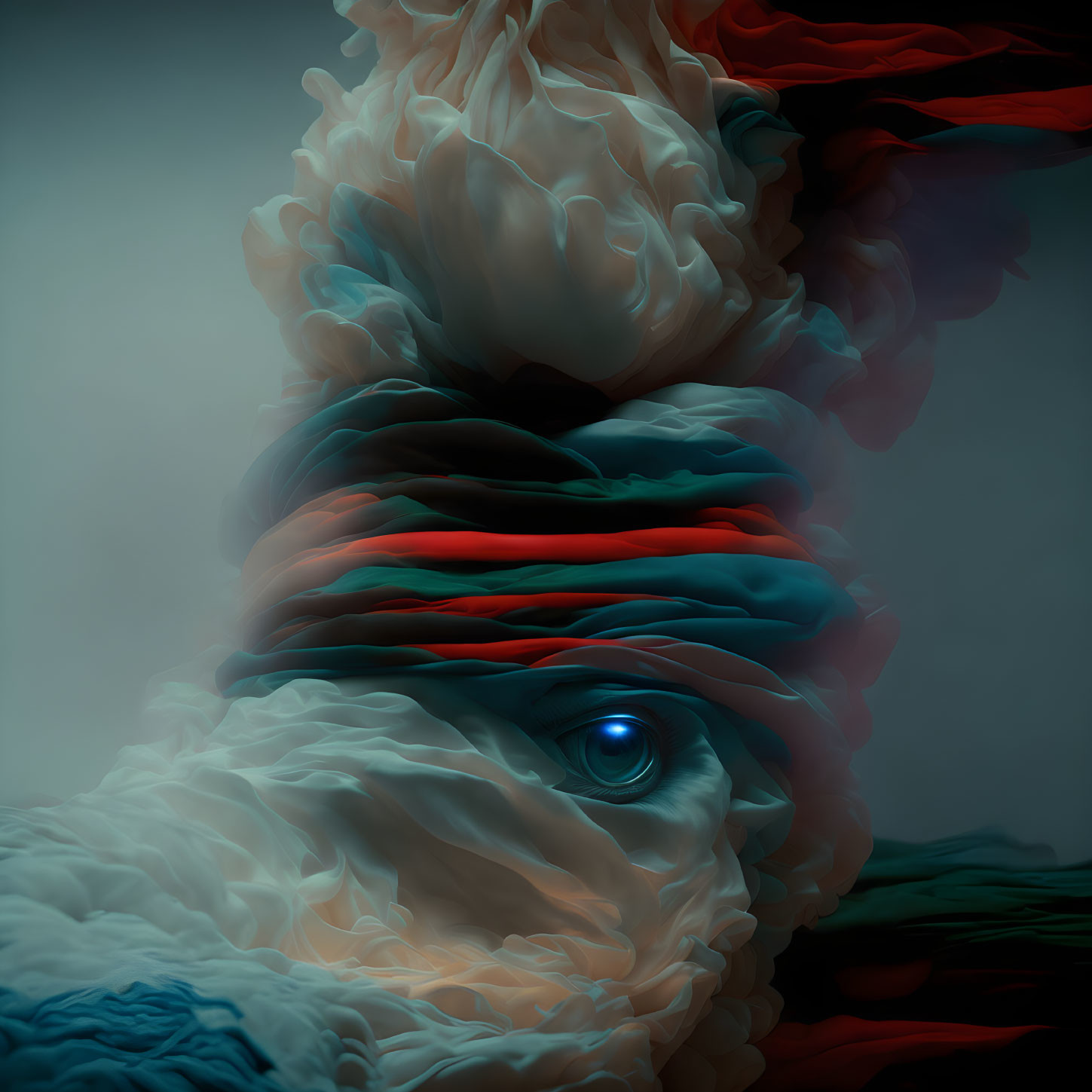 Abstract swirling textures in red, teal, cream colors with a singular blue eye.