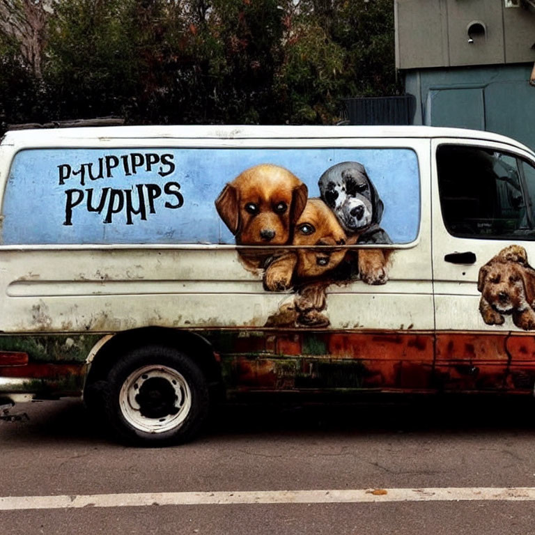 White Van with Cute Puppy Mural and "P-UPIPPS PUPPS" Text