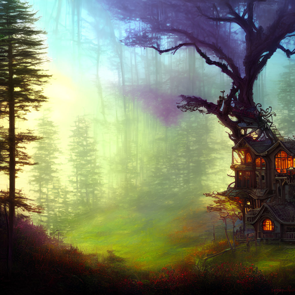 Whimsical treehouse in enchanted forest with vibrant foliage