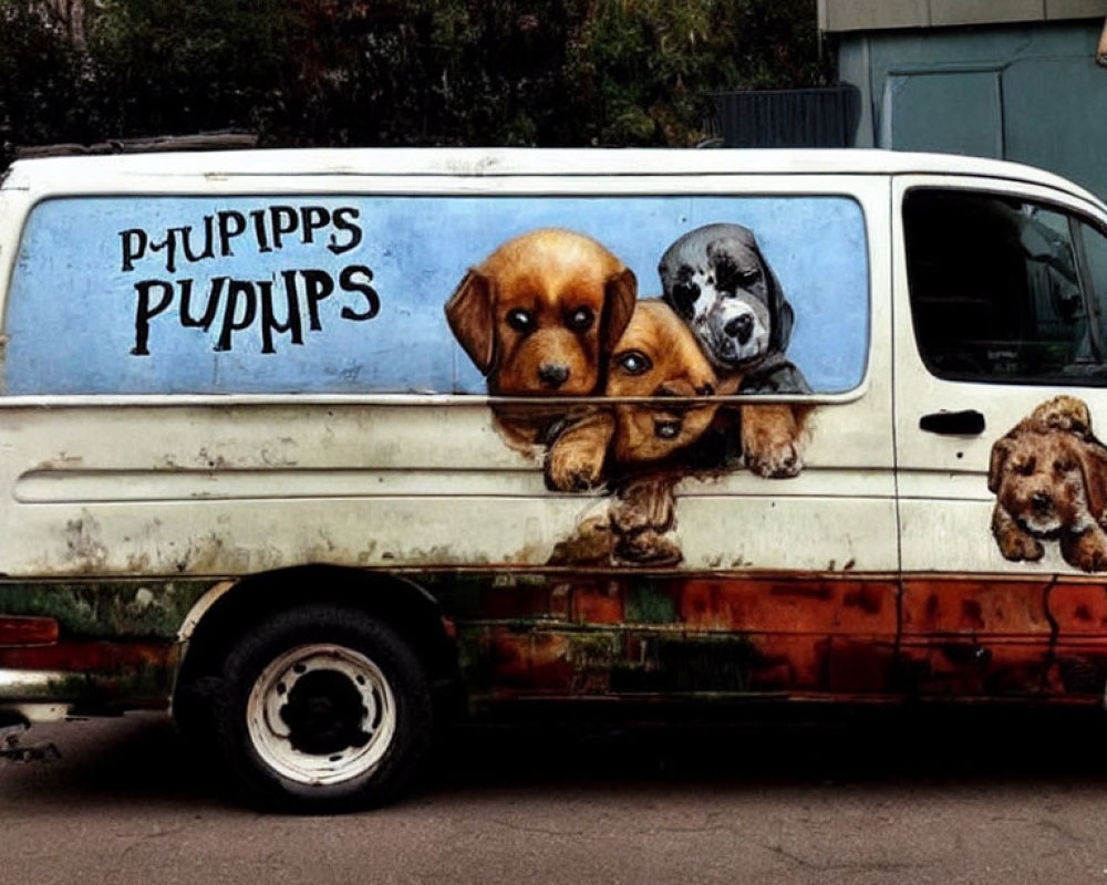White Van with Cute Puppy Mural and "P-UPIPPS PUPPS" Text