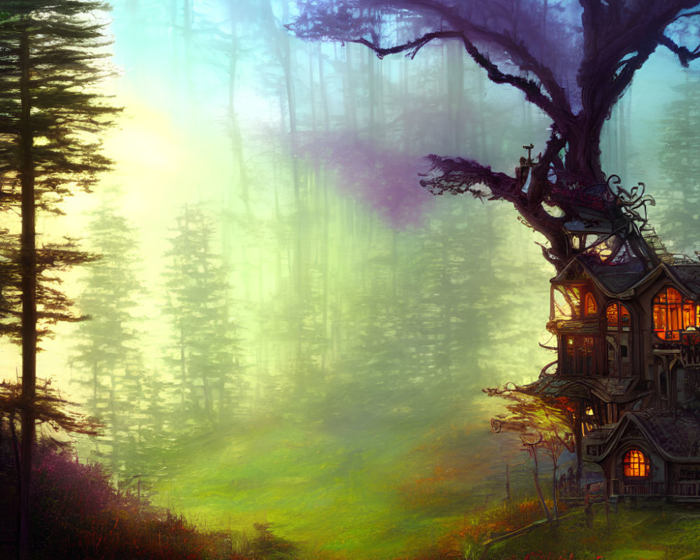 Whimsical treehouse in enchanted forest with vibrant foliage