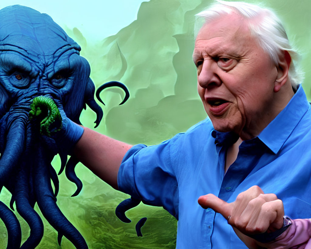 Elderly man in blue shirt with blue octopus on green background