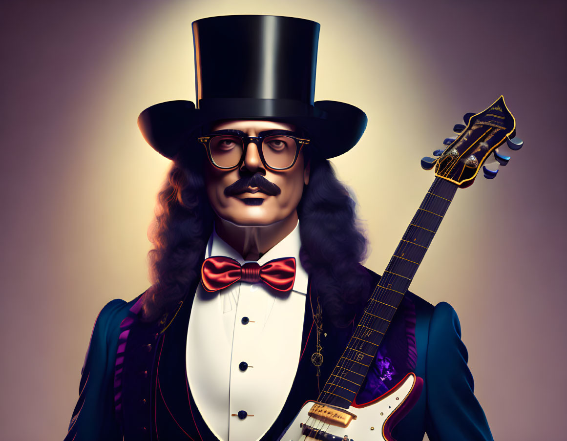 Character illustration with top hat, mustache, bow tie, glasses, electric guitar on gradient background