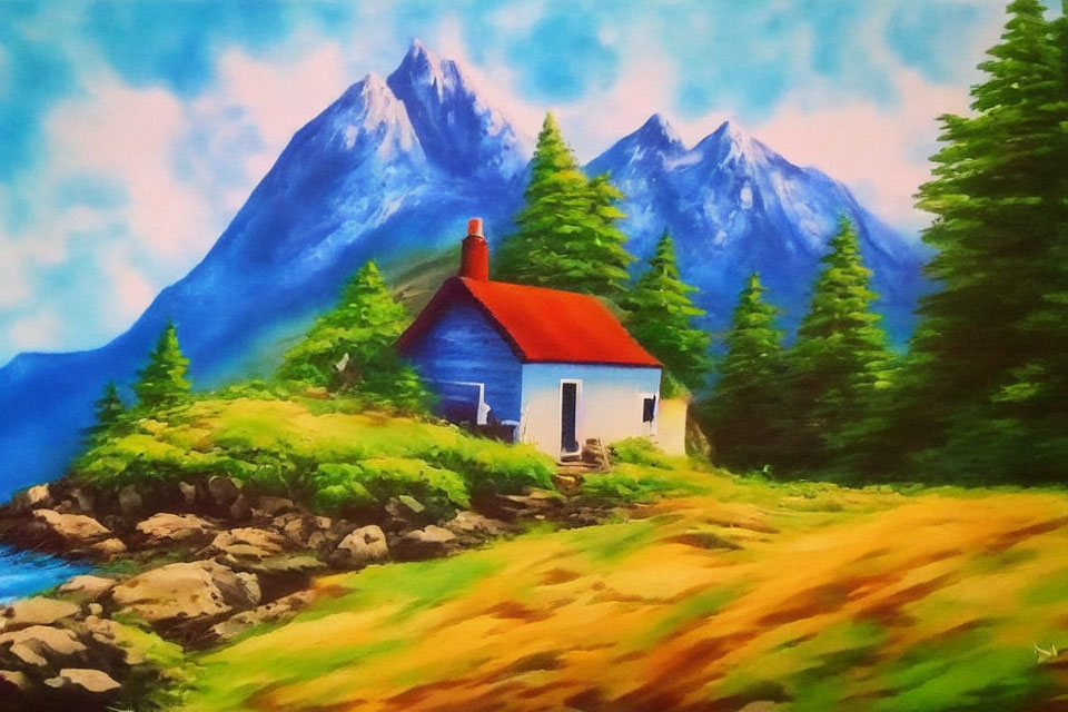 Blue and White House with Red Roof in Mountain Landscape