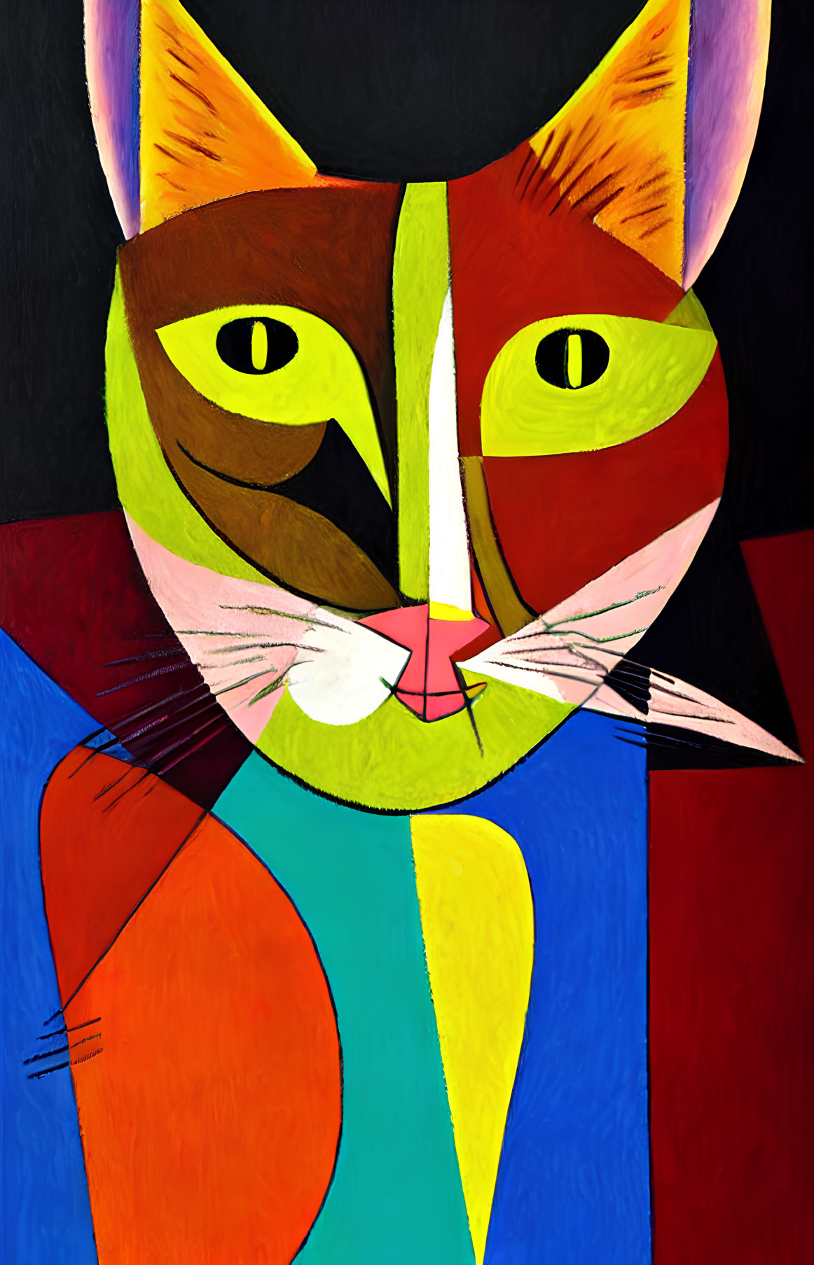 Vibrant abstract painting of stylized cat's face with geometric shapes