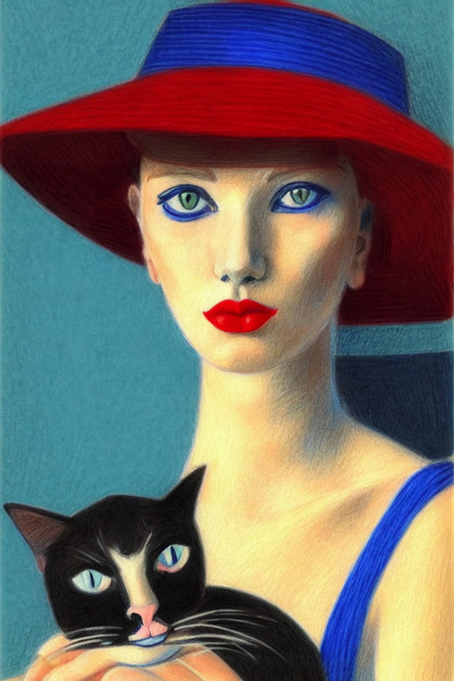 Woman with Blue Eyes and Red Lips in Blue Dress and Red Hat Holding Cat on Blue Background