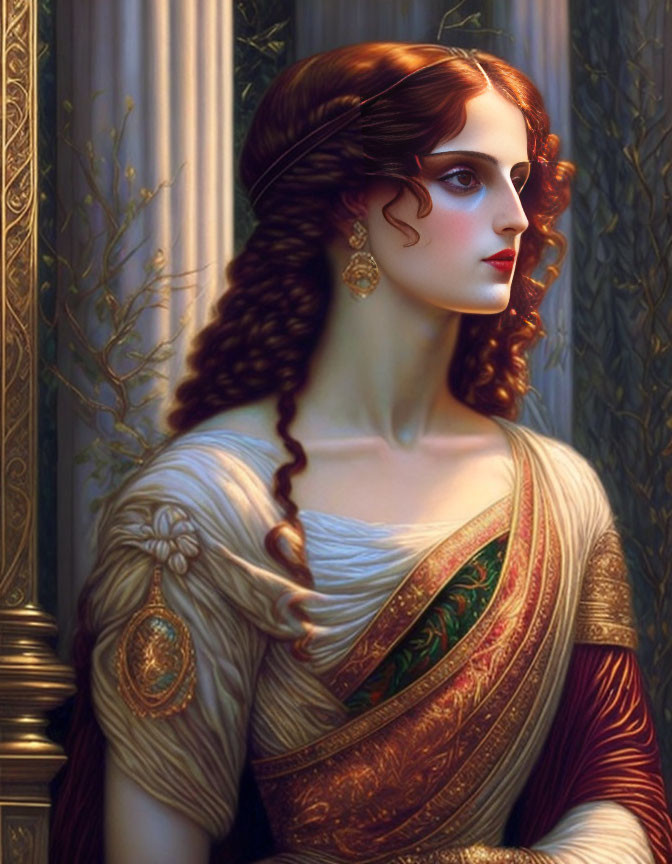 Elegant woman with long braided hair in classical attire beside ornamental columns