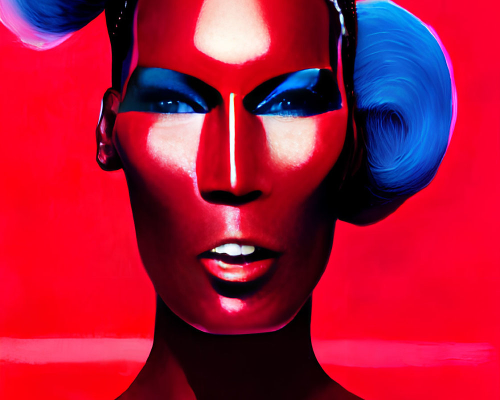 Artistic makeup with blue tones, sculpted cheekbones, and blue hair on red background