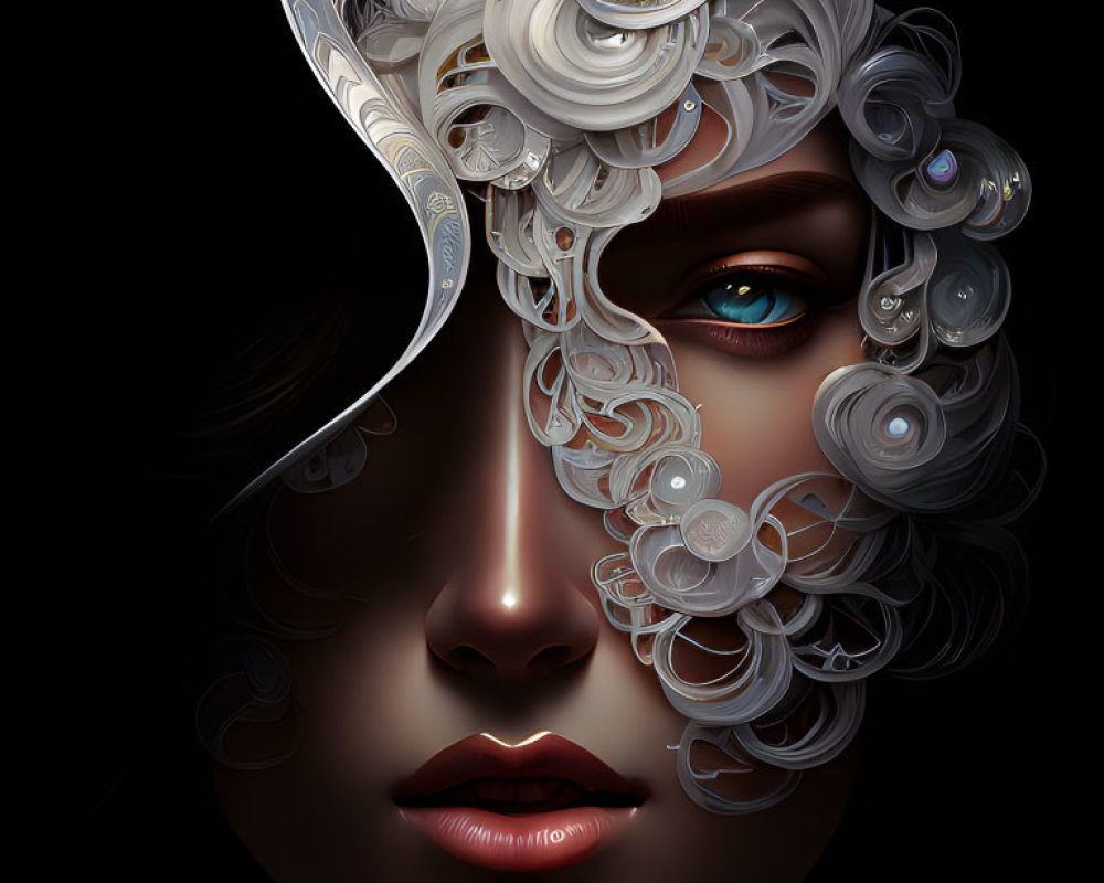 Digital artwork featuring woman's face with stylized white curls and swirling pattern