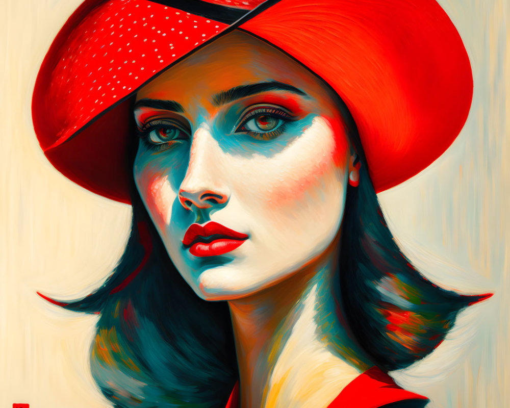 Vibrant portrait of woman with blue eyes and red lipstick in red hat on yellow background