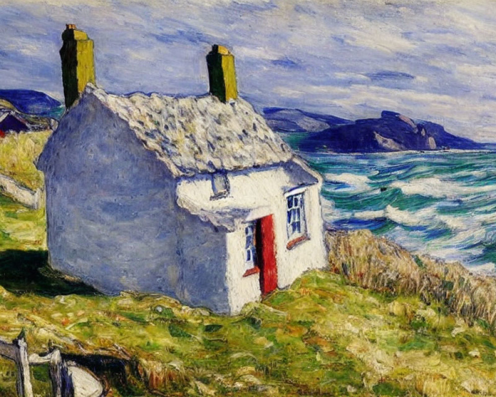 Blue and White Cottage with Red Door by the Sea Amidst Wild Waves