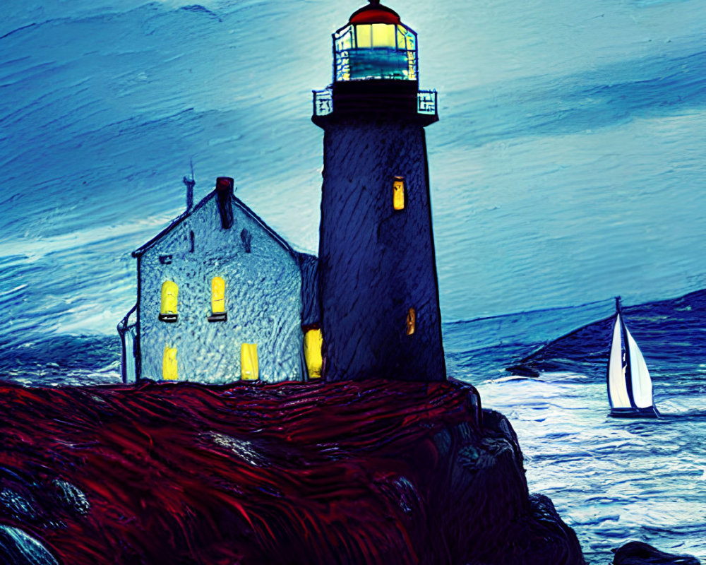 Digital painting of lighthouse on rocky coast at night with sailboat in distance