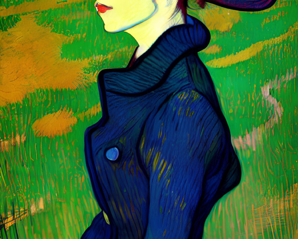 Stylized portrait of woman with red hair in wide-brimmed hat on yellow-green background