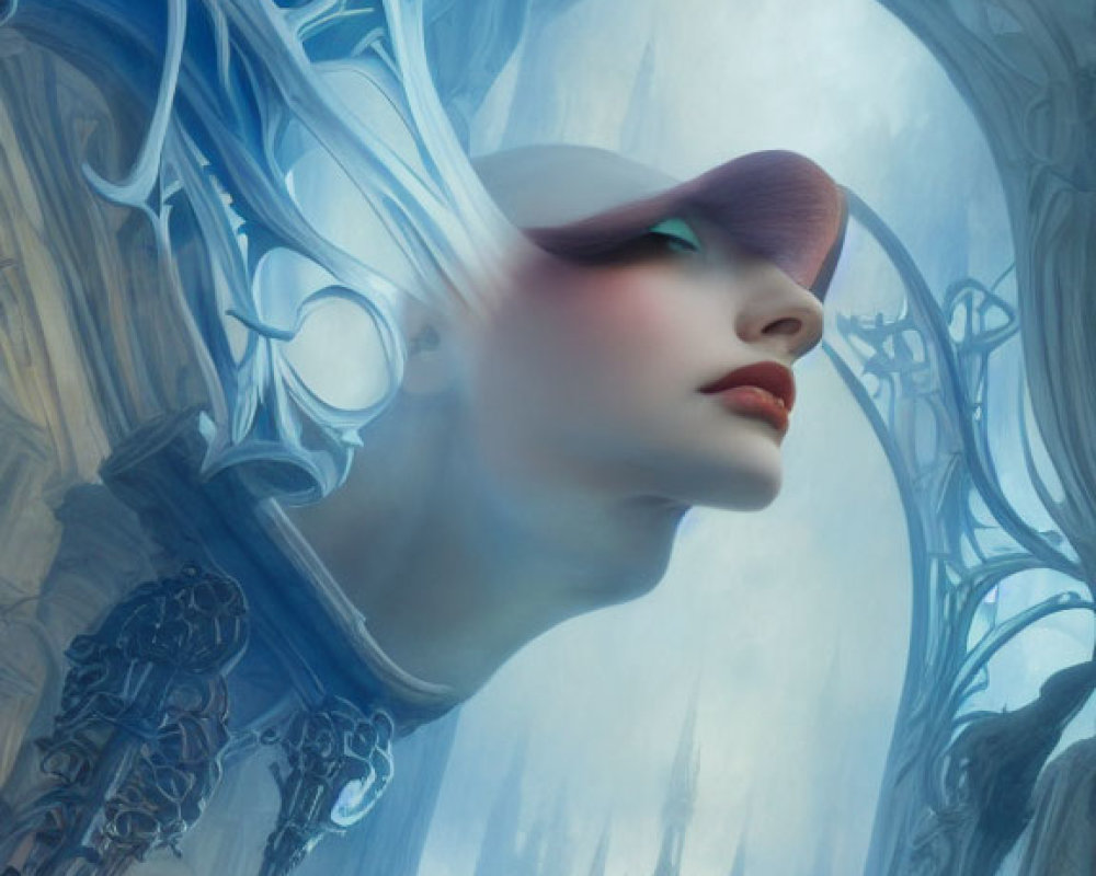Surreal artwork: Giant woman's face merges with gothic cathedral in blue landscape