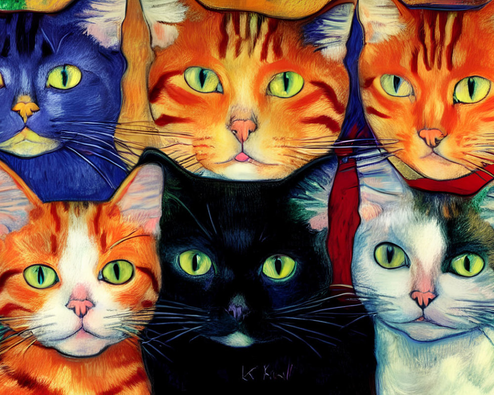 Vibrant artwork featuring six cats with unique fur patterns and expressive eyes
