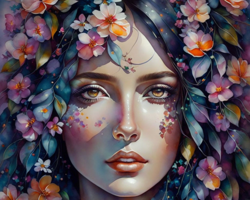 Vibrant floral adorned woman's face in digital painting