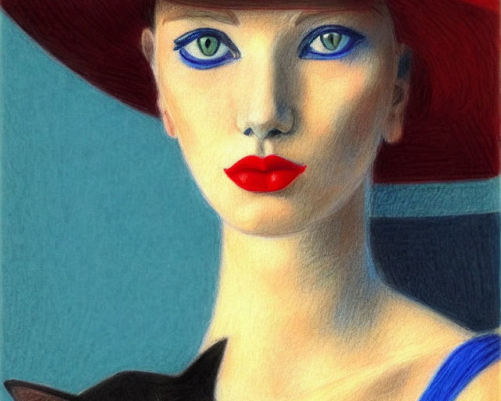 Woman with Blue Eyes and Red Lips in Blue Dress and Red Hat Holding Cat on Blue Background