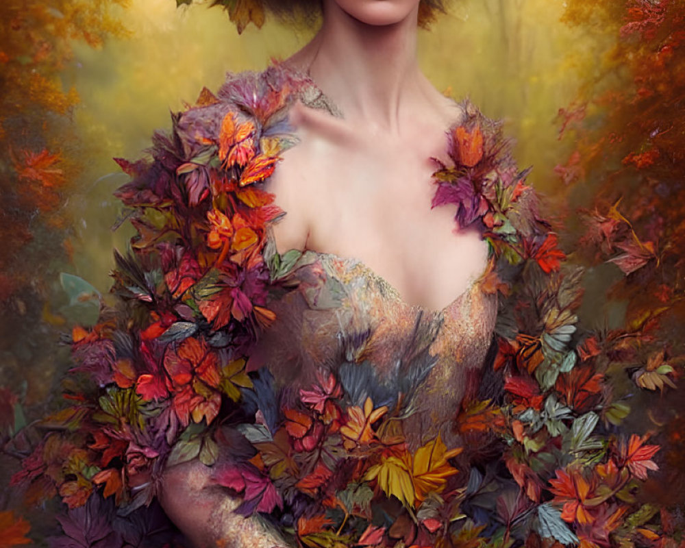 Woman in Autumn Leaf Dress Against Golden Backdrop