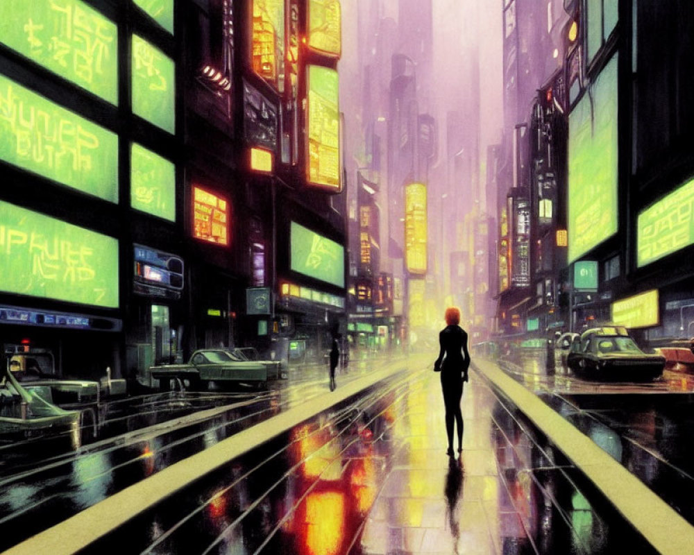 Solitary figure in cyberpunk cityscape at night