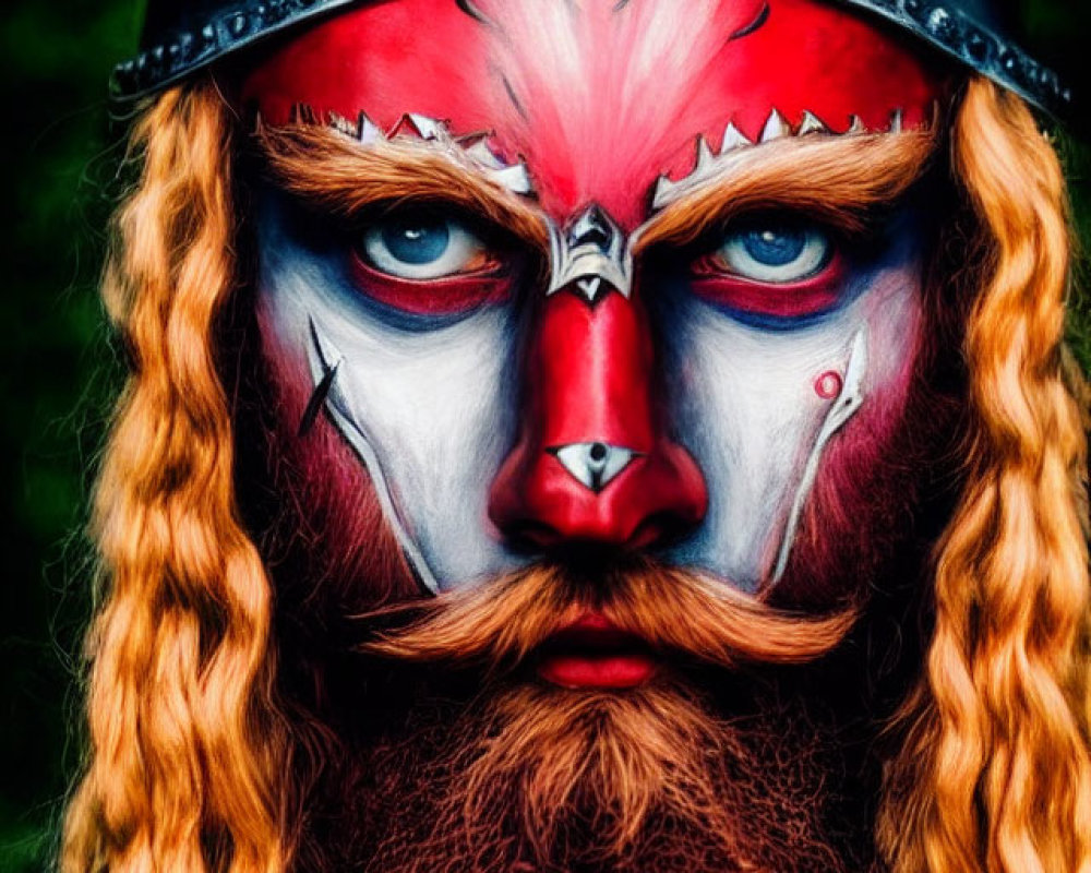 Viking-themed face paint with red and white colors