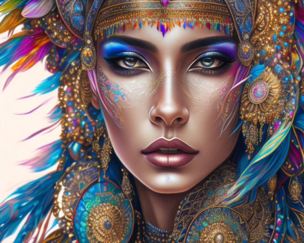 Vibrant woman illustration with feathered headdress and intense blue eyes