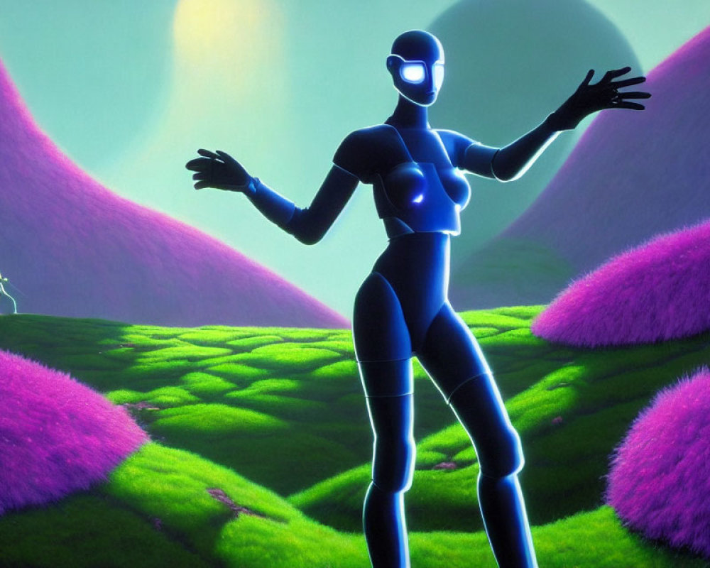 Stylized image of humanoid figure with glowing lines on green landscape