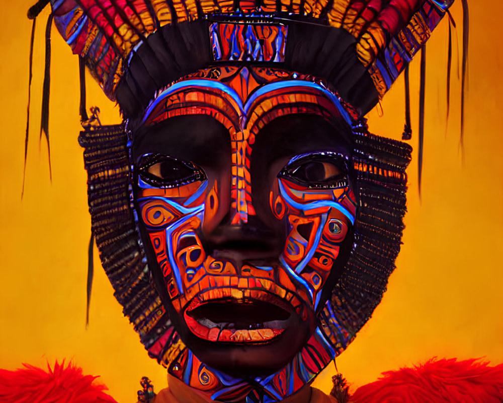 Colorful tribal figure painting with elaborate headdress and red attire on warm background