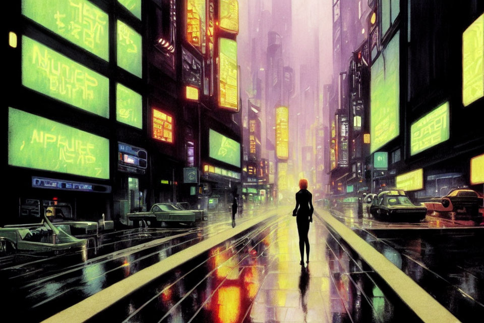 Solitary figure in cyberpunk cityscape at night