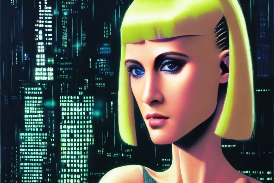 Digitally created female figure with green bob-cut hair in cyber binary backdrop.