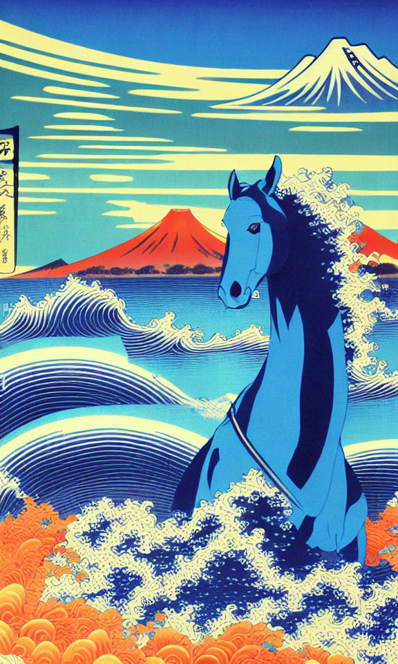 Stylized horse with Japanese wave patterns and Mount Fuji in ukiyo-e style