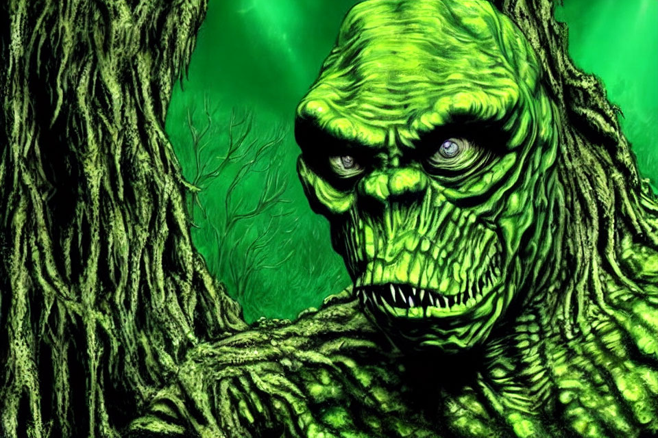 Menacing green monster with wrinkles in forest scene