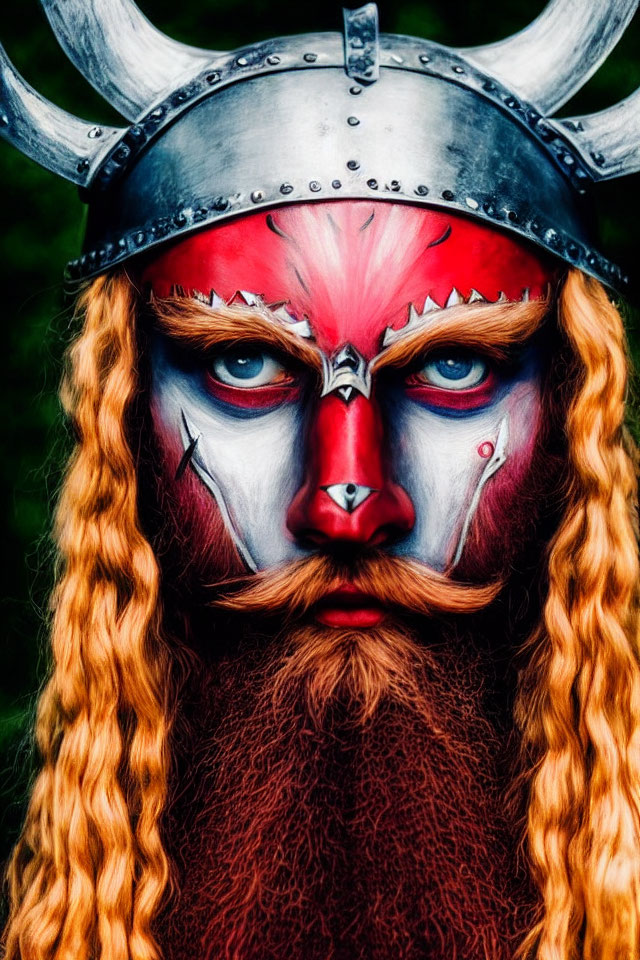 Viking-themed face paint with red and white colors