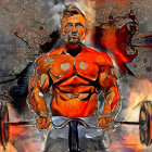 Muscular man doing bicep curl with barbell in fiery abstract backdrop