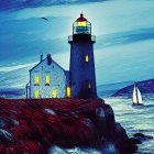Digital painting of lighthouse on rocky coast at night with sailboat in distance