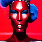 Artistic makeup with blue tones, sculpted cheekbones, and blue hair on red background
